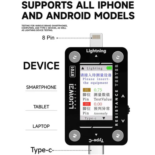Type - C To 8 Pin Detachable Cell Phone Rear Plug Auto Tester, LUOWEI RT01 - ORIWHIZ
