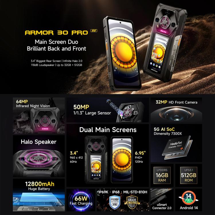Ulefone Armor 30 Pro Rugged Phone, 16GB+512GB, Night Vision, 6.95 inch + 3.4 inch Dual Screen Android 14 MediaTek Dimensity 7300X Octa Core, Network: 5G, OTG, NFC - ORIWHIZ