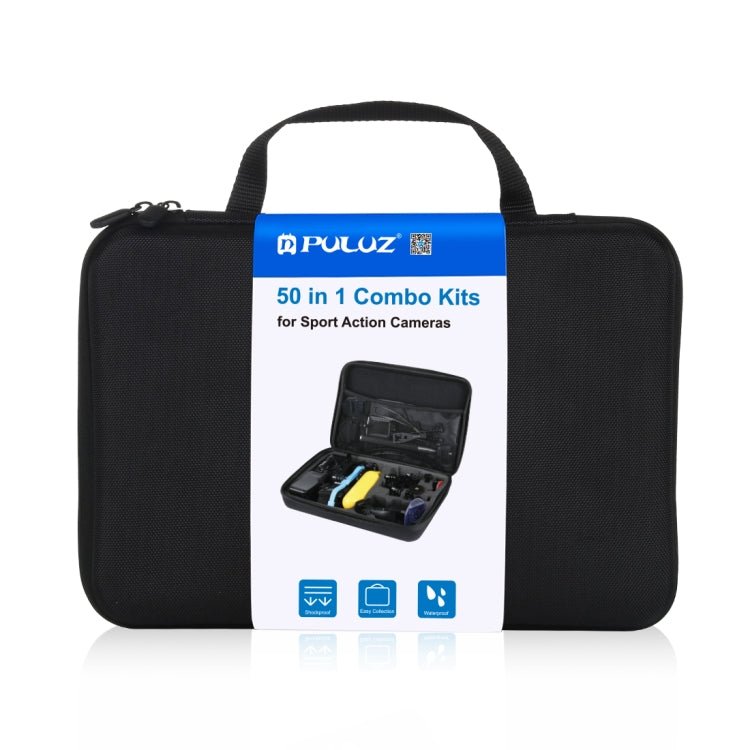 US Warehouse PULUZ 50 in 1 Accessories Total Ultimate Combo Kits with EVA Case (Chest Strap + Suction Cup Mount + 3 - Way Pivot Arms + J - Hook Buckle + Wrist Strap + Helmet Strap + Extendable Monopod + Surface Mounts + Tripod Adapters + Storage Bag ) - ORIWHIZ