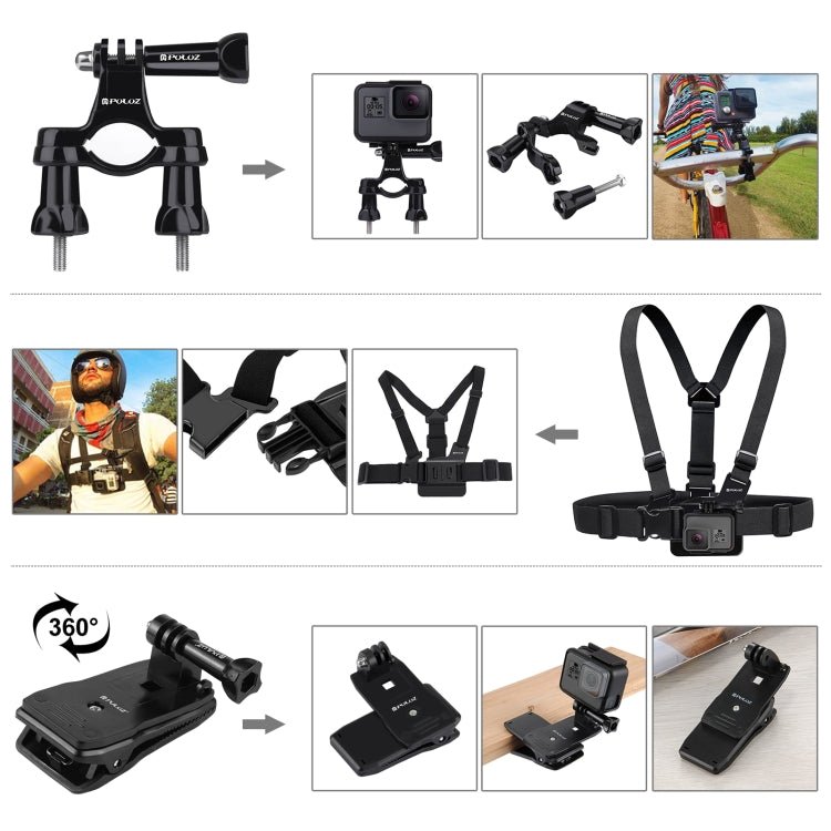 US Warehouse PULUZ 50 in 1 Accessories Total Ultimate Combo Kits with EVA Case (Chest Strap + Suction Cup Mount + 3 - Way Pivot Arms + J - Hook Buckle + Wrist Strap + Helmet Strap + Extendable Monopod + Surface Mounts + Tripod Adapters + Storage Bag ) - ORIWHIZ