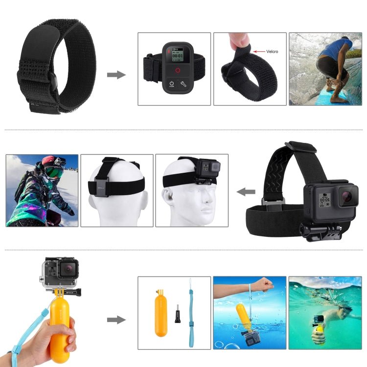 US Warehouse PULUZ 50 in 1 Accessories Total Ultimate Combo Kits with EVA Case (Chest Strap + Suction Cup Mount + 3 - Way Pivot Arms + J - Hook Buckle + Wrist Strap + Helmet Strap + Extendable Monopod + Surface Mounts + Tripod Adapters + Storage Bag ) - ORIWHIZ