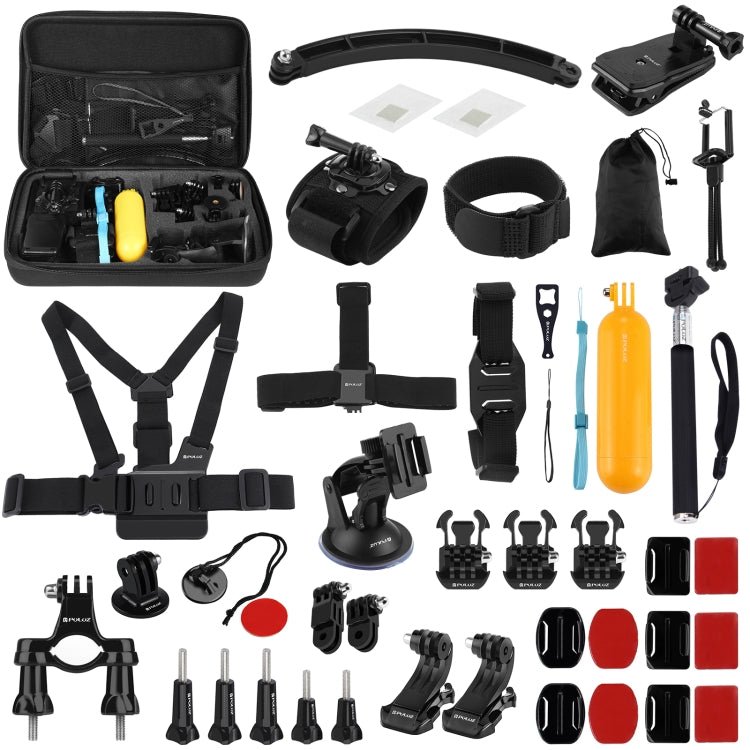 US Warehouse PULUZ 50 in 1 Accessories Total Ultimate Combo Kits with EVA Case (Chest Strap + Suction Cup Mount + 3 - Way Pivot Arms + J - Hook Buckle + Wrist Strap + Helmet Strap + Extendable Monopod + Surface Mounts + Tripod Adapters + Storage Bag ) - ORIWHIZ