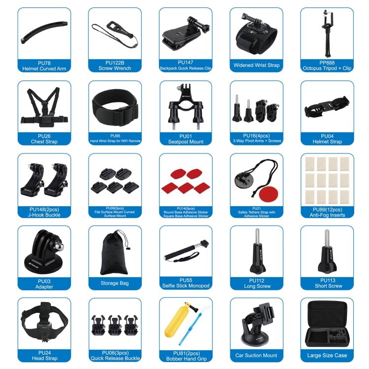 US Warehouse PULUZ 50 in 1 Accessories Total Ultimate Combo Kits with EVA Case (Chest Strap + Suction Cup Mount + 3 - Way Pivot Arms + J - Hook Buckle + Wrist Strap + Helmet Strap + Extendable Monopod + Surface Mounts + Tripod Adapters + Storage Bag ) - ORIWHIZ