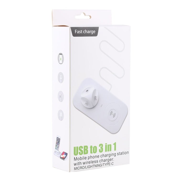 USB to 3 in 1 (8 Pin + Micro USB + USB - C / Type - C) Dock Charger Desktop Charging Data Sync Stand Station Holder with Qi Wireless Charger & USB Cable - ORIWHIZ