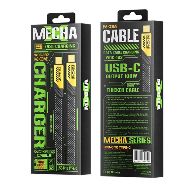 WK WDC - 192 Mech Series 100W USB - C/Type - C to USB - C/Type - C Fast Charge Data Cable, Length: 1m, USB - C/Type - C to USB - C/Type - C - ORIWHIZ