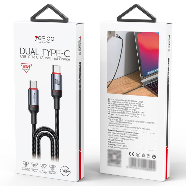 Yesido CA183 PD60W 3A USB - C / Type - C to USB - C / Type - C Charging Data Cable, Length: 2m, CA183 - ORIWHIZ