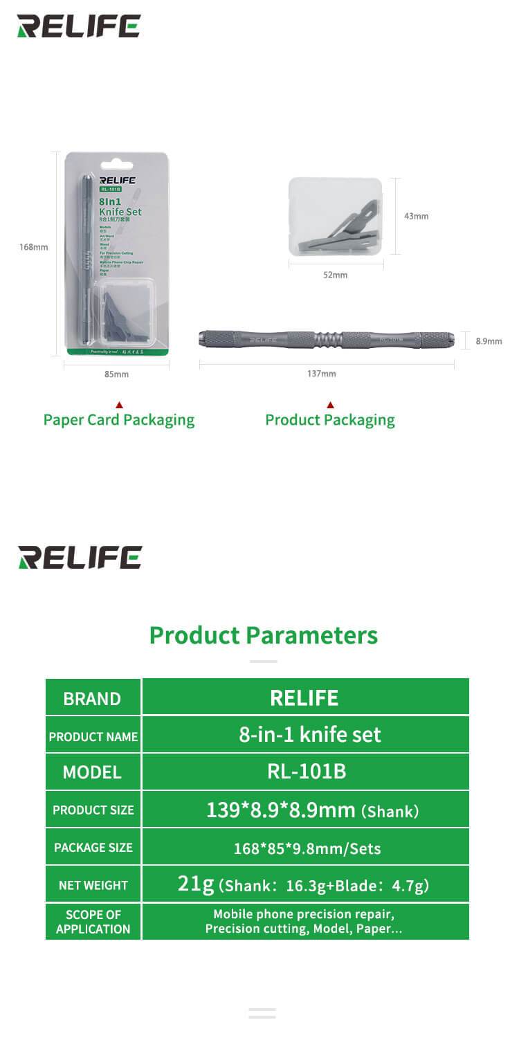 RELIFE RL-101B 8 in 1 Knife Set Blades for repair Moblie Phone maintenance tools Set for BGA Remove glue edge Thin blade - ORIWHIZ
