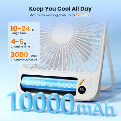 US Warehouse | Warmco 10000mAh Portable 7-Inch Travel Fan – Ultra-Thin Battery Operated Mini Desk Fan with Digital Display, 10–24H Runtime, for Bedroom, Camping, Cruise Essentials & Outdoor Use
