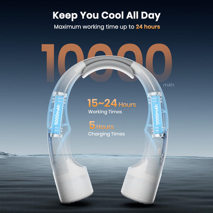 US Warehouse | Warmco 10000mAh Portable Neck Fan – 4-Speed Rechargeable, 360° All-Around Cooling, 24H Runtime, Hands-Free Wearable Fan for Travel, Office, Camping & Hot Weather (Men & Women)