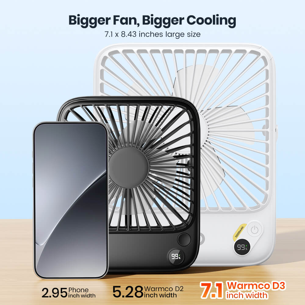 US Warehouse | Warmco 10000mAh Portable 7-Inch Travel Fan – Ultra-Thin Battery Operated Mini Desk Fan with Digital Display, 10–24H Runtime, for Bedroom, Camping, Cruise Essentials & Outdoor Use