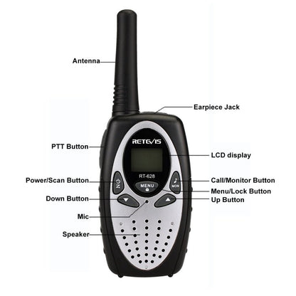 1 Pair RETEVIS RT628 0.5W US Frequency 462.550 - 467.7125MHz 22CHS Handheld Children Walkie Talkie, RT628(White), RT628(Red), RT628(Black) - ORIWHIZConsumer ElectronicsRETEVISWalkie Talkie