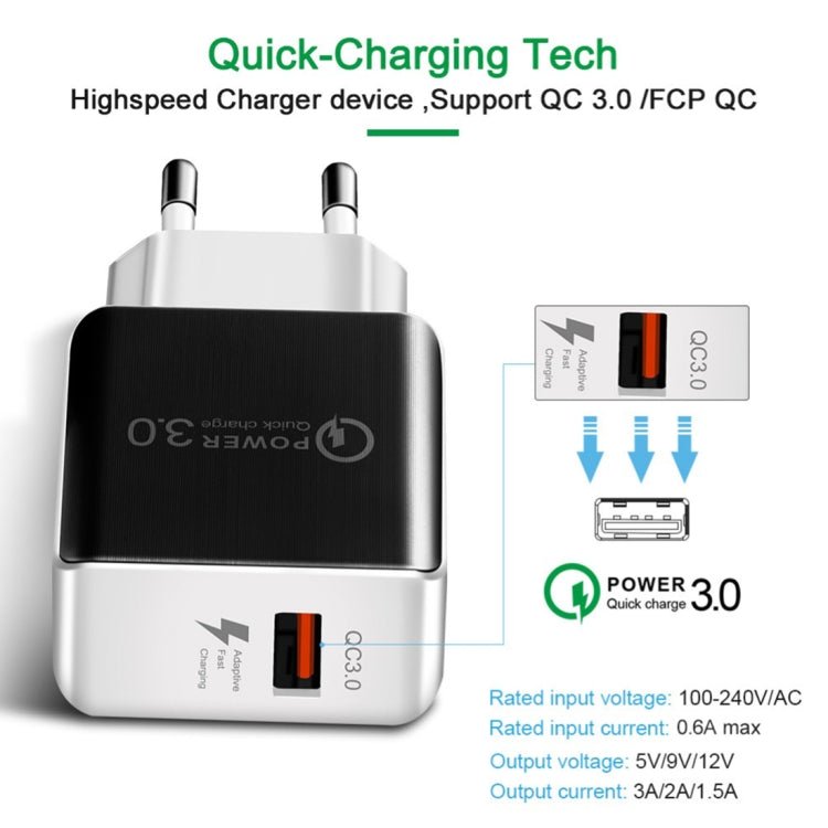 1USB QC 3.0 Wire Drawing Quick Charger EU Plug, QC 3.0 Black, QC 3.0 White - ORIWHIZ