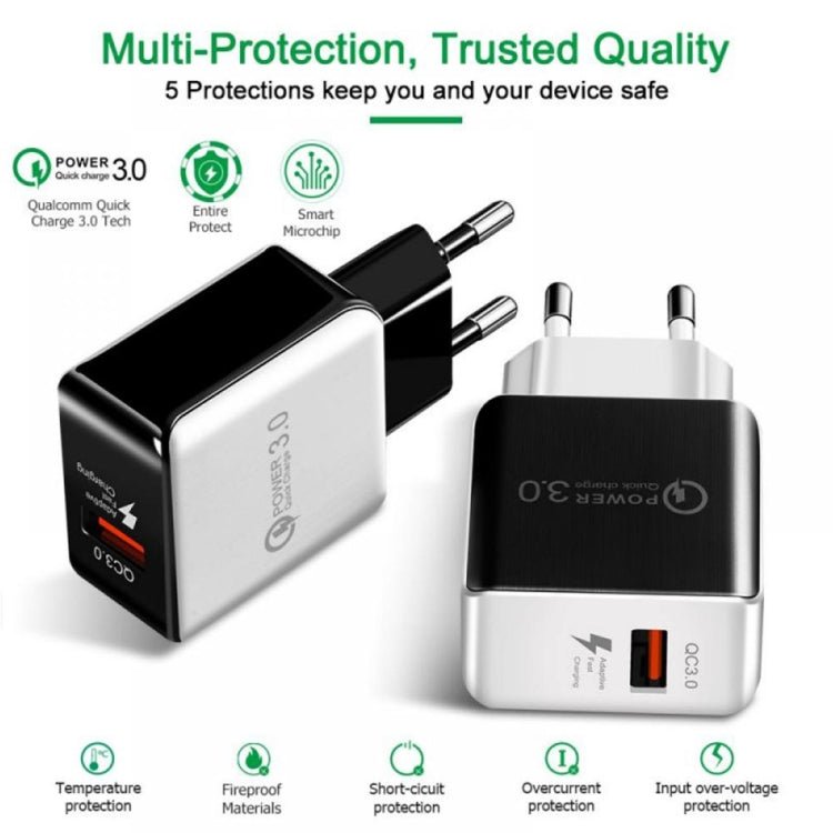1USB QC 3.0 Wire Drawing Quick Charger EU Plug, QC 3.0 Black, QC 3.0 White - ORIWHIZ