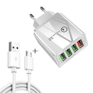 2 in 1 1m USB to Micro USB Data Cable + 30W QC 3.0 4 USB Interfaces Mobile Phone Tablet PC Universal Quick Charger Travel Charger Set, EU Plug, Micro USB Set EU Plug - ORIWHIZ