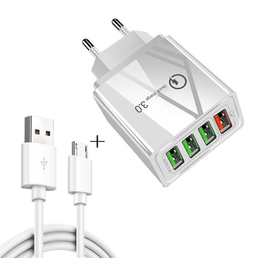 2 in 1 1m USB to Micro USB Data Cable + 30W QC 3.0 4 USB Interfaces Mobile Phone Tablet PC Universal Quick Charger Travel Charger Set, EU Plug, Micro USB Set EU Plug - ORIWHIZ