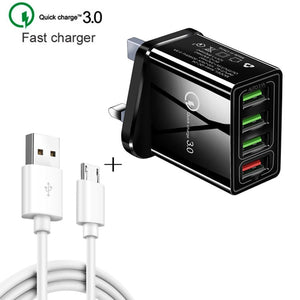 2 in 1 1m USB to Micro USB Data Cable + 30W QC 3.0 4 USB Interfaces Mobile Phone Tablet PC Universal Quick Charger Travel Charger Set, UK Plug, Micro USB Set UK Plug - ORIWHIZ