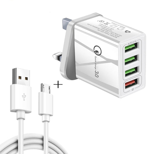 2 in 1 1m USB to Micro USB Data Cable + 30W QC 3.0 4 USB Interfaces Mobile Phone Tablet PC Universal Quick Charger Travel Charger Set, UK Plug, Micro USB Set UK Plug - ORIWHIZ