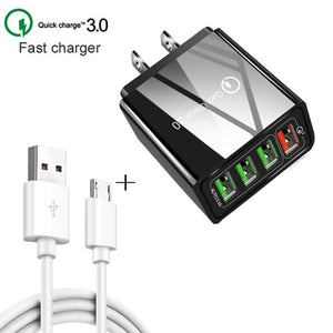 2 in 1 1m USB to Micro USB Data Cable + 30W QC 3.0 4 USB Interfaces Mobile Phone Tablet PC Universal Quick Charger Travel Charger Set, US Plug, Micro USB Set US Plug - ORIWHIZ