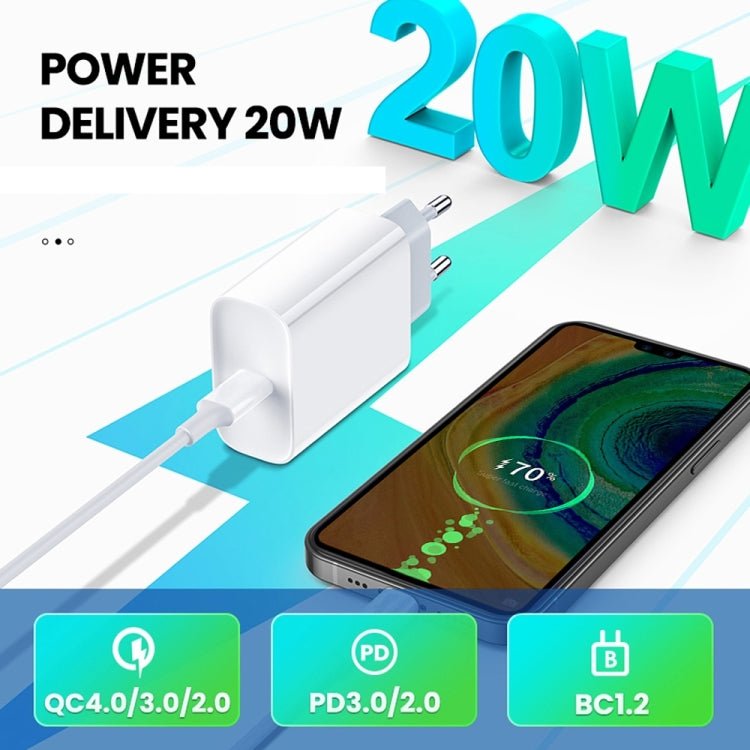 2 in 1 PD 20W Single USB - C / Type - C Port Travel Charger + 3A PD3.0 USB - C / Type - C to USB - C / Type - C Fast Charge Data Cable Set, Cable Length: 1m, EU Plug, 20W 1m - ORIWHIZ