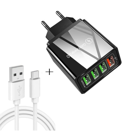 2 in 1 USB to USB - C / Type - C Data Cable + 30W QC 3.0 4 USB Interfaces Mobile Phone Tablet PC Universal Quick Charger Travel Charger Set, EU Plug, USB - C / Type - C Set EU Plug - ORIWHIZ