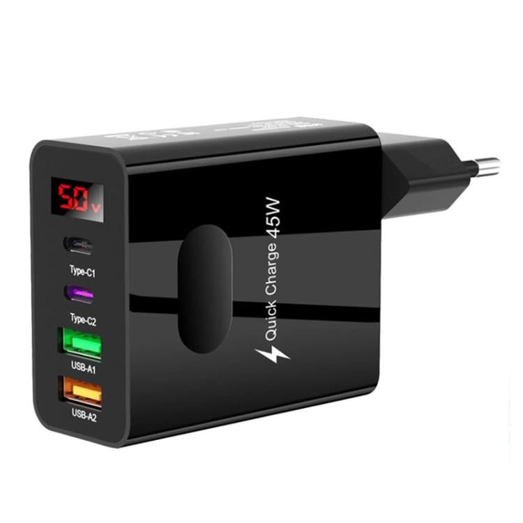 2 USB+2 Type - C Digital Display Mobile Phone Multi - port Charger, EU Plug Black, US Plug Black, UK Plug Black, EU Plug White, US Plug White, UK Plug White - ORIWHIZ