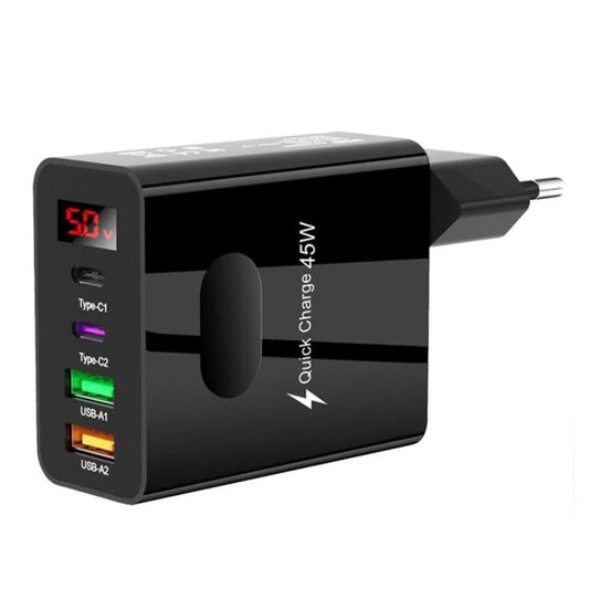2 USB+2 Type - C Digital Display Mobile Phone Multi - port Charger, EU Plug Black, US Plug Black, UK Plug Black, EU Plug White, US Plug White, UK Plug White - ORIWHIZ