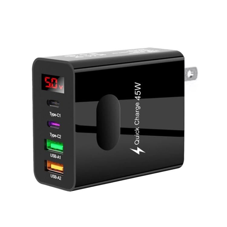2 USB+2 Type - C Digital Display Mobile Phone Multi - port Charger, EU Plug Black, US Plug Black, UK Plug Black, EU Plug White, US Plug White, UK Plug White - ORIWHIZ