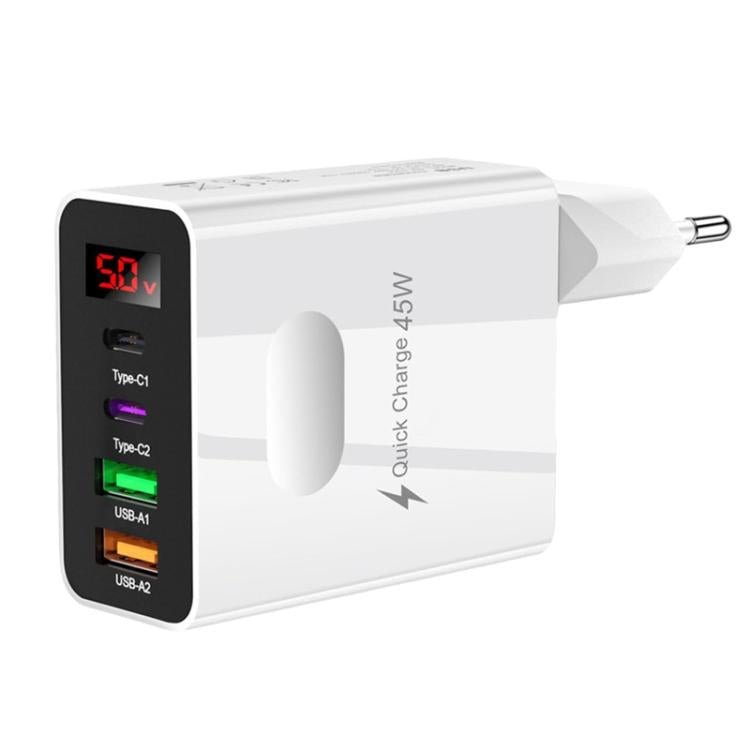 2 USB+2 Type - C Digital Display Mobile Phone Multi - port Charger, EU Plug Black, US Plug Black, UK Plug Black, EU Plug White, US Plug White, UK Plug White - ORIWHIZ