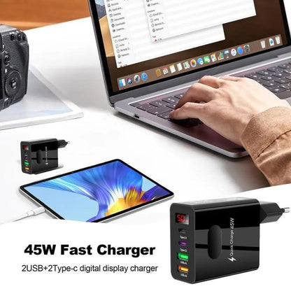 2 USB+2 Type - C Digital Display Mobile Phone Multi - port Charger, EU Plug Black, US Plug Black, UK Plug Black, EU Plug White, US Plug White, UK Plug White - ORIWHIZ