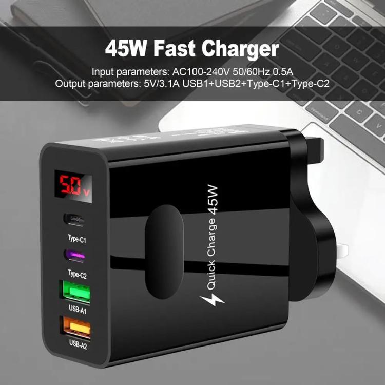 2 USB+2 Type - C Digital Display Mobile Phone Multi - port Charger, EU Plug Black, US Plug Black, UK Plug Black, EU Plug White, US Plug White, UK Plug White - ORIWHIZ
