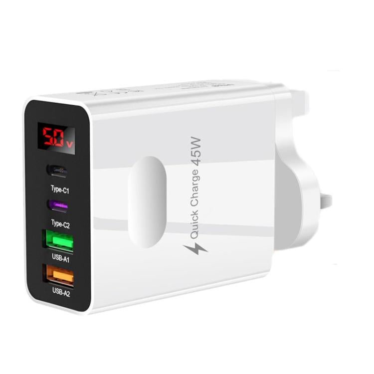 2 USB+2 Type - C Digital Display Mobile Phone Multi - port Charger, EU Plug Black, US Plug Black, UK Plug Black, EU Plug White, US Plug White, UK Plug White - ORIWHIZ