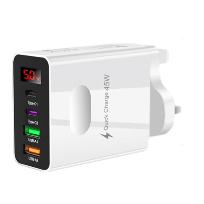 2 USB+2 Type - C Digital Display Mobile Phone Multi - port Charger, EU Plug Black, US Plug Black, UK Plug Black, EU Plug White, US Plug White, UK Plug White - ORIWHIZ