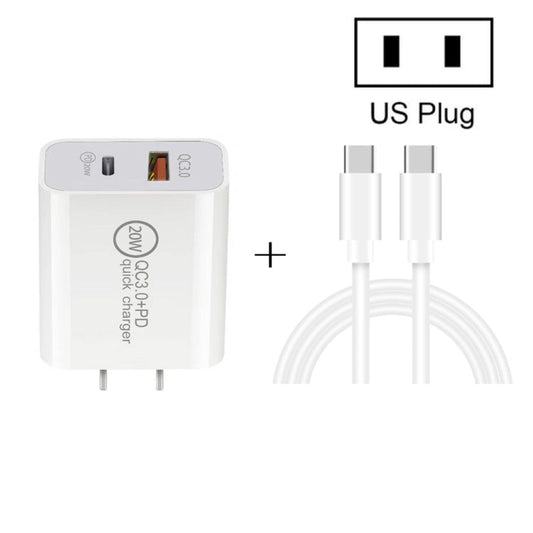 20W PD Type - C + QC 3.0 USB Interface Fast Charging Travel Charger with USB - C / Type - C to Type - C Fast Charge Data Cable, US Plug, AU Plug, EU Plug - ORIWHIZ
