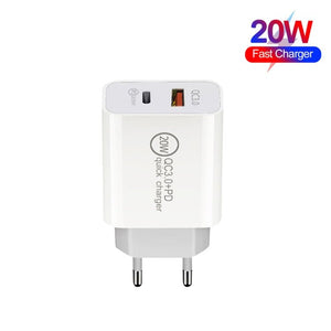 20W PD Type - C + QC 3.0 USB Interface Fast Charging Travel Charger with USB to Type - C Fast Charge Data Cable, EU Plug, US Plug, AU Plug - ORIWHIZ