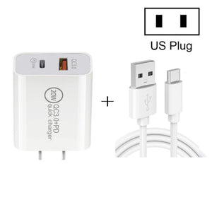 20W PD Type - C + QC 3.0 USB Interface Fast Charging Travel Charger with USB to Type - C Fast Charge Data Cable, EU Plug, US Plug, AU Plug - ORIWHIZ