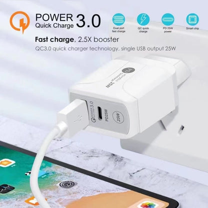 25W PD Type - C + QC3.0 USB Ports Travel Charger, UK Plug - ORIWHIZ