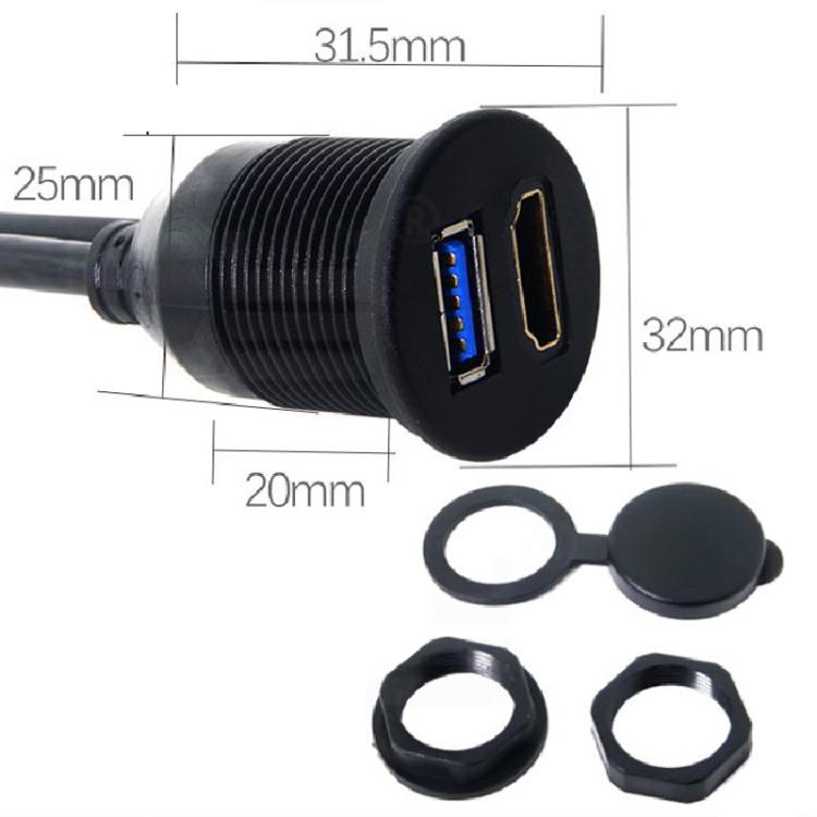 2m USB3.0+HDMI Car Waterproof Cable Motorcycle Boat Dashboard Extension Wire, 2m USB3.0+HDMI - ORIWHIZCar Replacement PartsDIY CablesIn Car