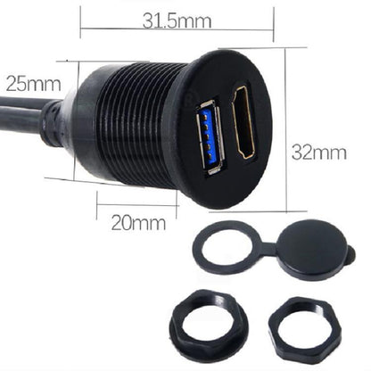 2m USB3.0+HDMI Car Waterproof Cable Motorcycle Boat Dashboard Extension Wire, 2m USB3.0+HDMI - ORIWHIZCar Replacement PartsDIY CablesIn Car