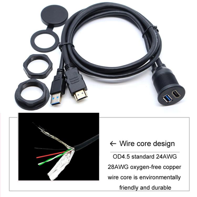 2m USB3.0+HDMI Car Waterproof Cable Motorcycle Boat Dashboard Extension Wire, 2m USB3.0+HDMI - ORIWHIZCar Replacement PartsDIY CablesIn Car