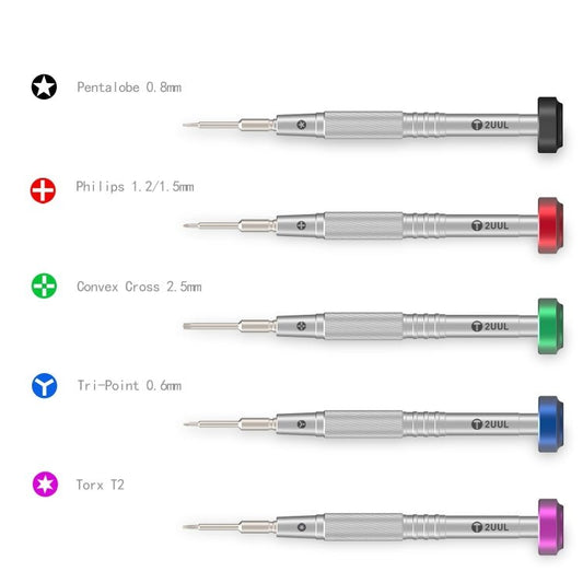 2UUL Colorful Flyshaft Screwdriver, Pentalobe 0.8mm, Corss 1.2/1.5, Convex Cross 2.5mm, Tri - point 0.6mm, Torx T2 - ORIWHIZ