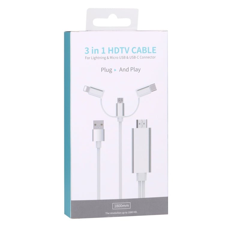 3 in 1 Micro USB & 8 Pin & Type - C to HDMI HD 1080P HDTV Adapter Cable - ORIWHIZ