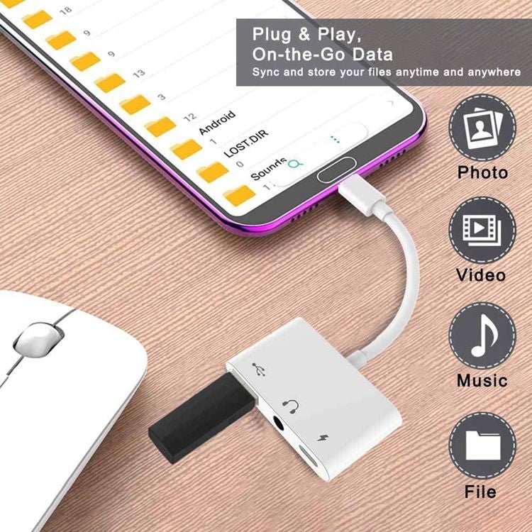 3 in 1 USB - C OTG Adapter with 3.5mm Headphone Jack, Compatible for iPad Pro and Type - C Jack Phone, 3 in 1 - ORIWHIZ