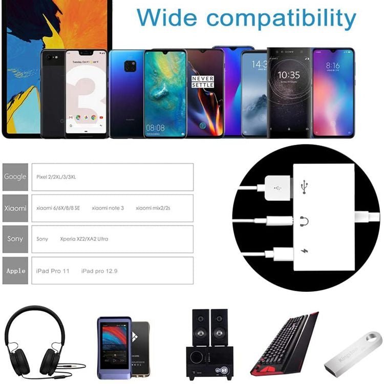 3 in 1 USB - C OTG Adapter with 3.5mm Headphone Jack, Compatible for iPad Pro and Type - C Jack Phone, 3 in 1 - ORIWHIZ