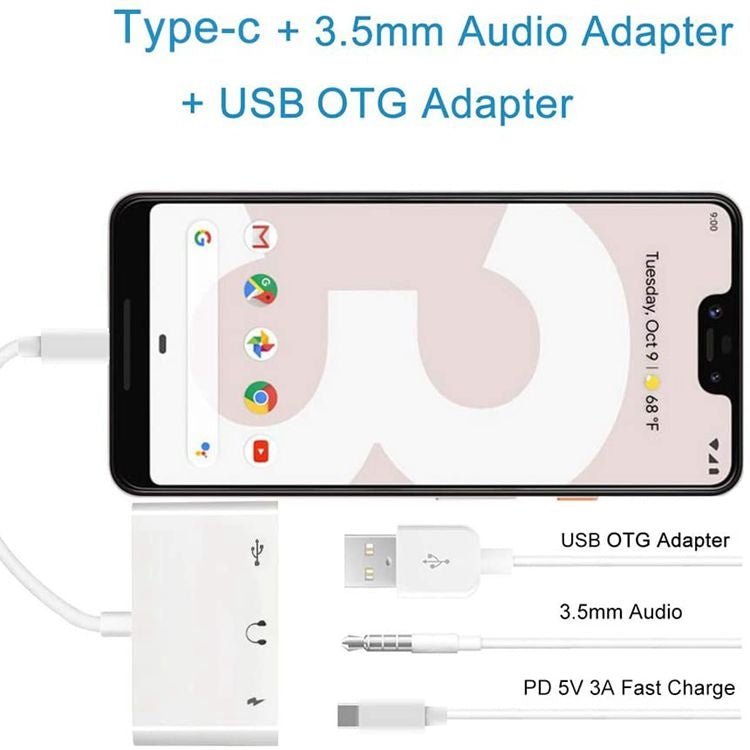 3 in 1 USB - C OTG Adapter with 3.5mm Headphone Jack, Compatible for iPad Pro and Type - C Jack Phone, 3 in 1 - ORIWHIZ
