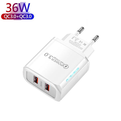 36W Dual Port QC3.0 USB Charger with 3A USB to Type - C Data Cable , EU Plug, EU Plug + USB to Type - C Cable - ORIWHIZ