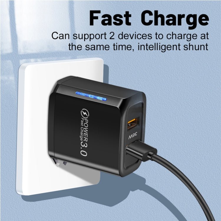 36W Dual Port QC3.0 USB Charger with 3A USB to Type - C Data Cable , EU Plug, EU Plug + USB to Type - C Cable - ORIWHIZ