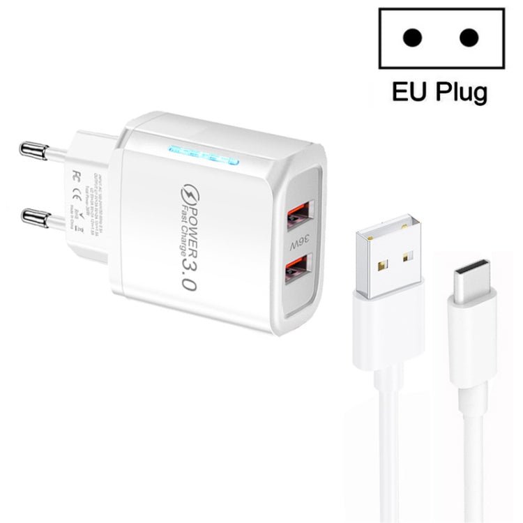 36W Dual Port QC3.0 USB Charger with 3A USB to Type - C Data Cable , EU Plug, EU Plug + USB to Type - C Cable - ORIWHIZ