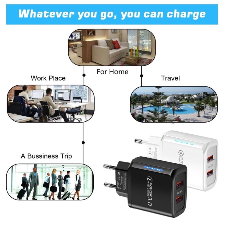 36W Dual Port QC3.0 USB Charger with 3A USB to Type - C Data Cable , EU Plug, EU Plug + USB to Type - C Cable - ORIWHIZ