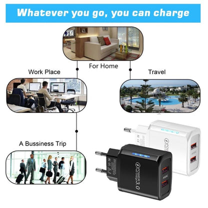 36W Dual Port QC3.0 USB Charger with 3A USB to Type - C Data Cable , EU Plug, EU Plug + USB to Type - C Cable - ORIWHIZ