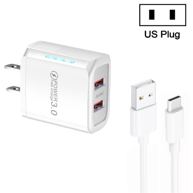 36W Dual Port QC3.0 USB Charger with 3A USB to Type - C Data Cable, US Plug, US Plug + USB to Type - C Cable - ORIWHIZ